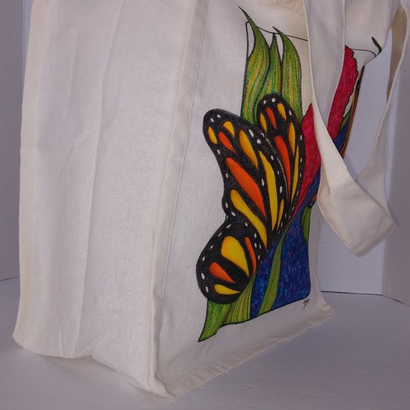 Hand-Painted Butterfly Tote Bag: Floral Art Reusable Canvas Tote 14x13x7 - Picture 13 of 14